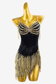 Black Stretch Velvet Backless Latin Dress with Gold Stone Fringes and Gold Rhinestone AB Accents