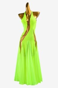 Chartreuse Backless Ballroom Dress with Pearl Chiffon Underskirts, Crystals, and Rhinestone Embellishments