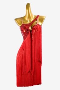 China Red Matte Lycra Latin Dress with Beaded Fringes, Mirror Stones, Rhinestones, and Fringes