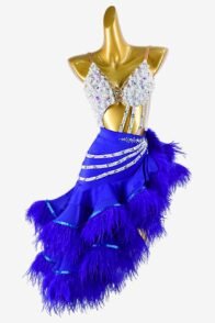 Medium Blue Latin Dress with Ruffle Fishbone Skirt, Feathers, and White Crystal AB Accents