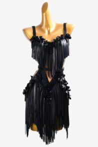 Bailebelle Fashion Black Latin dress with appliqués, rhinestones, PU leather fringes & beadings