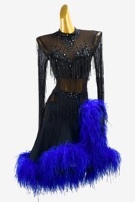 Black mesh Latin dress with royalblue feathers, black beaded fringes, rhinestone & sew-on stones