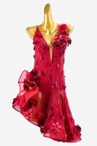 Scarlet Backless Mesh Latin Dress with Ruffle Fishbone Skirt, Flower Appliqués, and Rhinestones