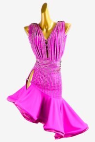Light pink Latin dress with crystal AB and beaded fringes