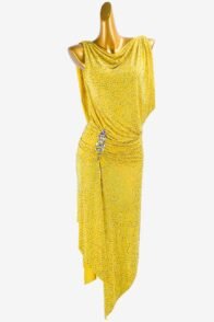 Gold Yellow Lustre Lycra Latin Dress with Full Crystal and White AB Sew-On Stones