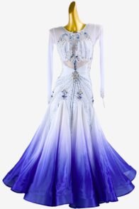 White mesh Standard dress with shaded blue pearl chiffon underskirt