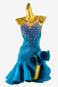 Jade Matte Lycra Backless Latin Dress with Ruffle Fishbone Underskirts, Rhinestones, and Sew-On Accents