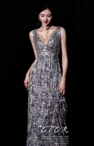 Bailebelle Fashion 2025 Banquet evening dress for women | high end Silver sequined tassels | luxury evening dress for Girls | V neck fishtail evening dress Silver