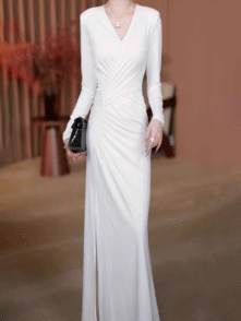 Bailebelle Fashion White V neck long sleeved dress for women autumn and winter 2024 new French sexy waist hip skirt temperament long skirt white