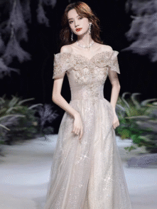 Bailebelle Fashion Luxury Eevning Dresses Boat Neck Sequins Light Champagne Off the Shoulder Mermaid Chapel Train Sleeveless Celebrity Gowns, Gray | Silver, Black