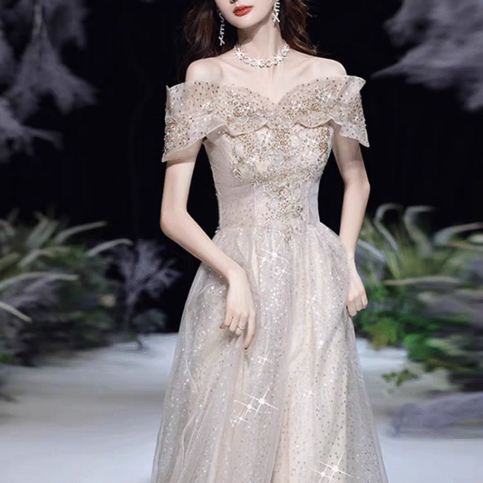 Champagne sequined ballroom dress with mermaid train for galas