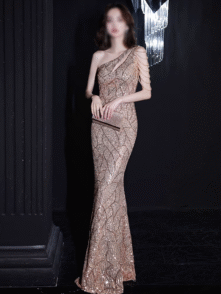 Bailebelle Fashion One shoulder fishtail evening dress for women, Sequined fishtail evening dress for women | 2025 new banquet temperament long tassel dress Gold, Black