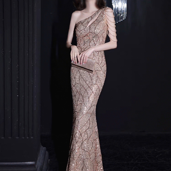 One-shoulder tassel Latin dresses in gold fishtail design for evening galas