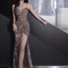 Brown sparkle dance dresses with glitter and thigh-high slit