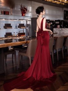 Bailebelle Fashion New banquet evening dress simple sleeveless satin host concert performance fashion long black and Red
